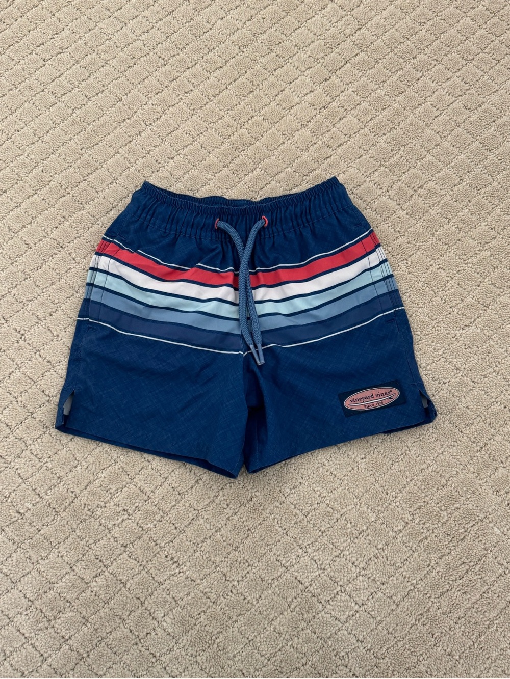 Vineyard Vines Boys Navy Swim Trunks with Red, White & Light Blue Stripes